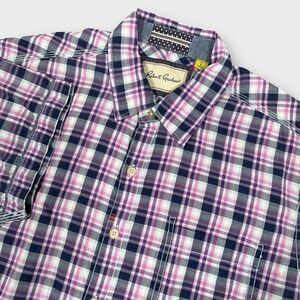 Robert Graham Shirt Men's Large Blue Pink Plaid Short Sleeves Tailored Fit